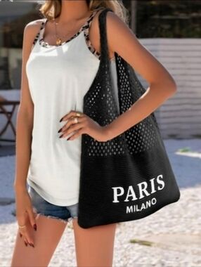 Stylish Black knit Tote bag Embroidered foldable bag